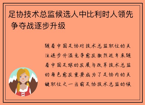 足协技术总监候选人中比利时人领先 争夺战逐步升级